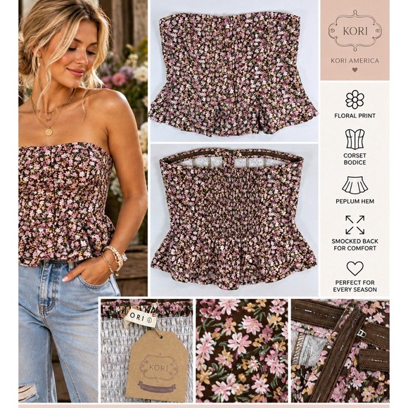 Kori Tops - Floral Corset Top Strapless Bustier Peplum Women Brown Pink Cottagecore by KORI